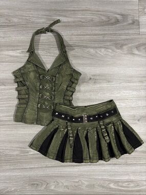 Tripp NYC Olive Green & Black Pleated Mini Skirt and Fitted Halter Top Set